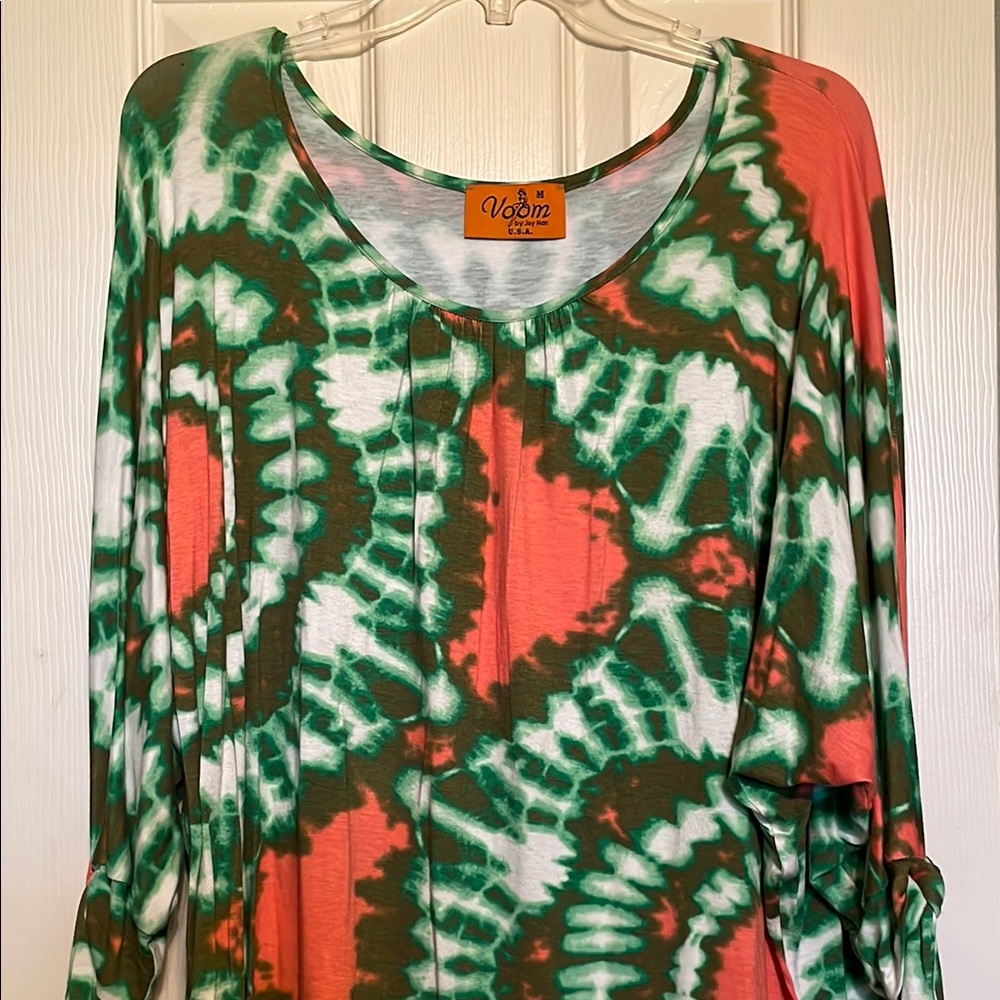Women's Cold Shoulder Green and Orange Tie-Dye Top